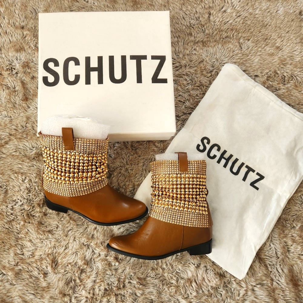SCHUTZ Abucena Dark Caramel Boots Gold Beaded Sheath Women's US Size 7.5